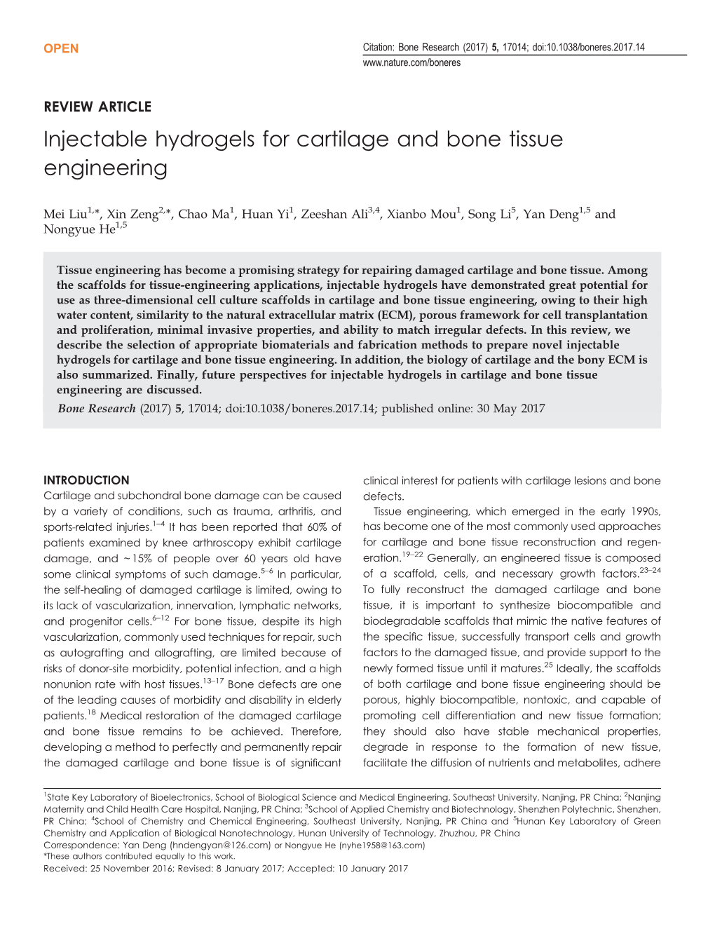 Injectable Hydrogels for Cartilage and Bone Tissue Engineering