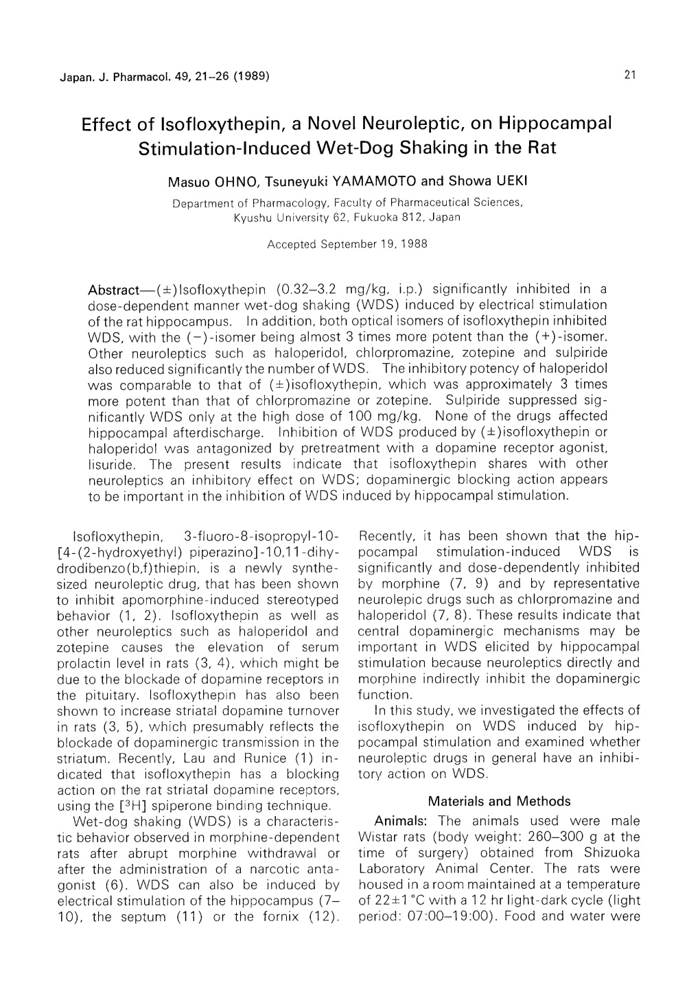 Effect of Isofloxythepin, a Novel Neuroleptic, on Hippocampal Stimulation-Induced Wet-Dog Shaking in the Rat