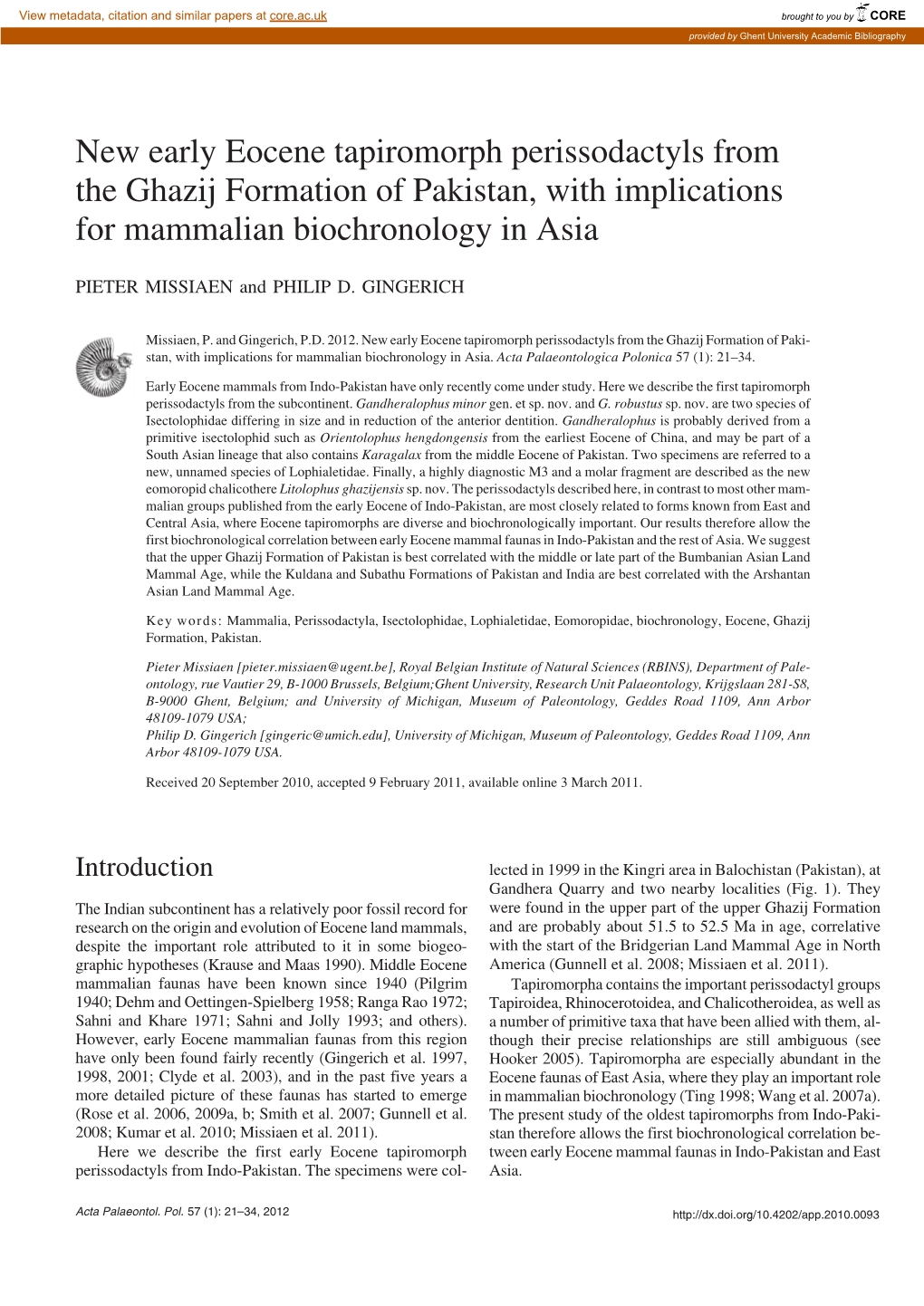 New Early Eocene Tapiromorph Perissodactyls from the Ghazij Formation of Pakistan, with Implications for Mammalian Biochronology in Asia