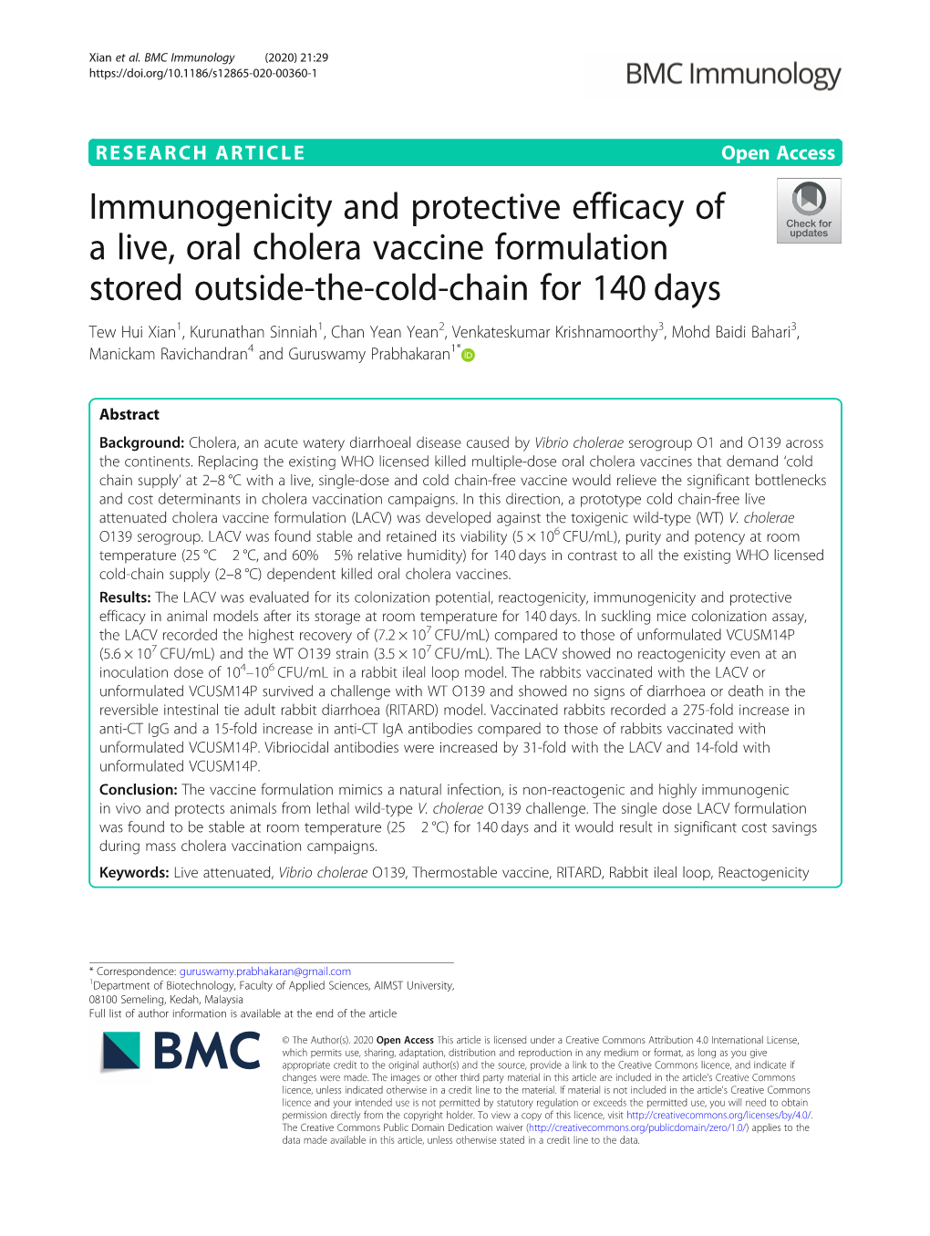 Immunogenicity and Protective Efficacy of a Live, Oral Cholera