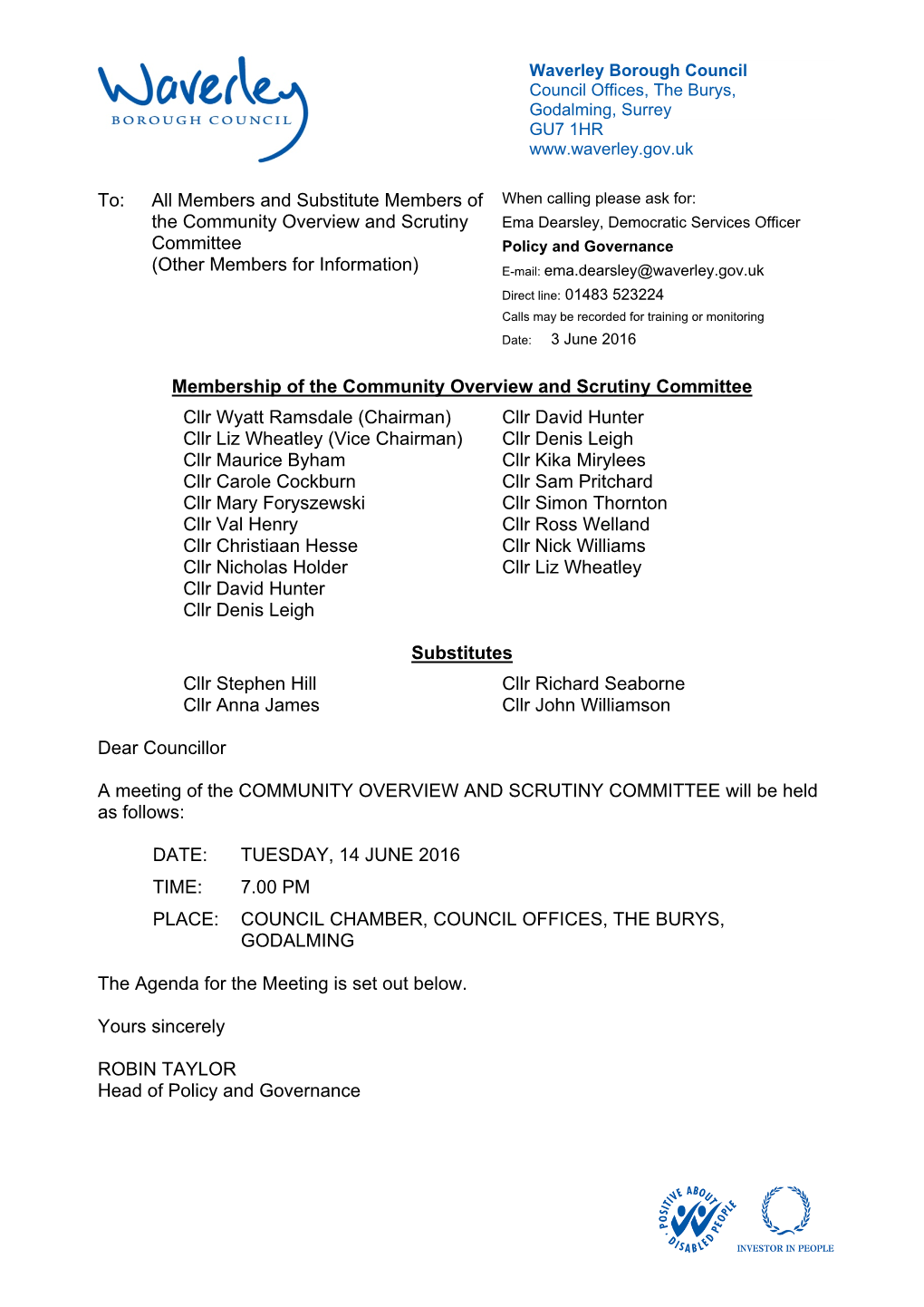 (Public Pack)Agenda Document for Community Overview and Scrutiny Committee, 14/06/2016 19:00