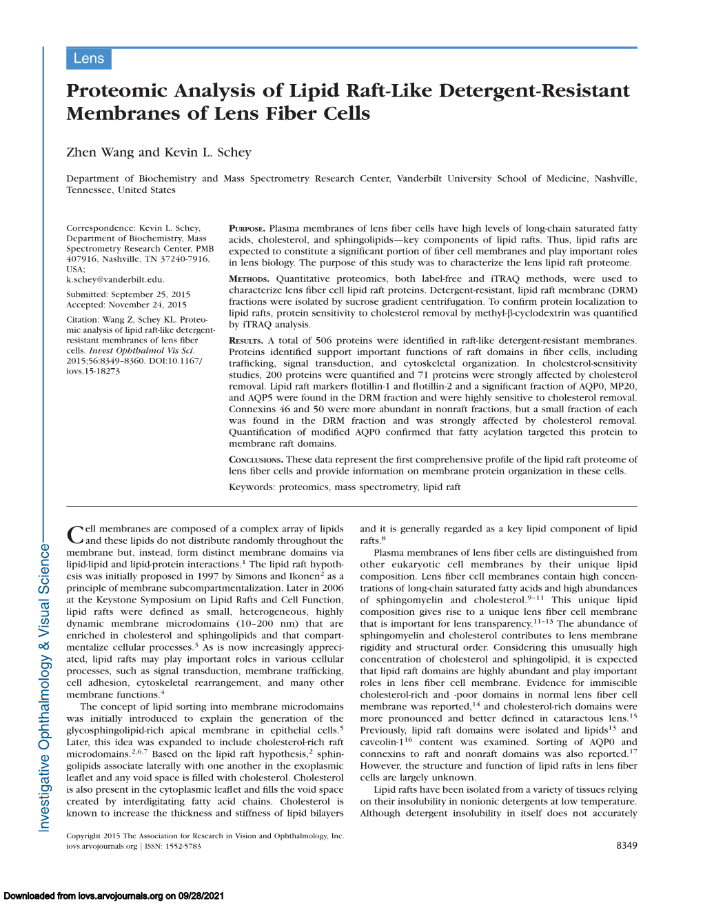 Proteomic Analysis of Lipid Raft-Like Detergent-Resistant Membranes of Lens Fiber Cells