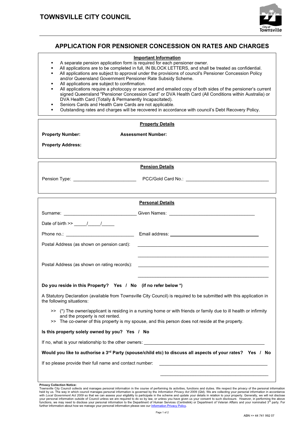 Pensioner Concession Application Form for Each Pensioner Owner, and a Copy of Both Sides of the Applicable Pensioner Concession Card/S Or DVA Health Card/S