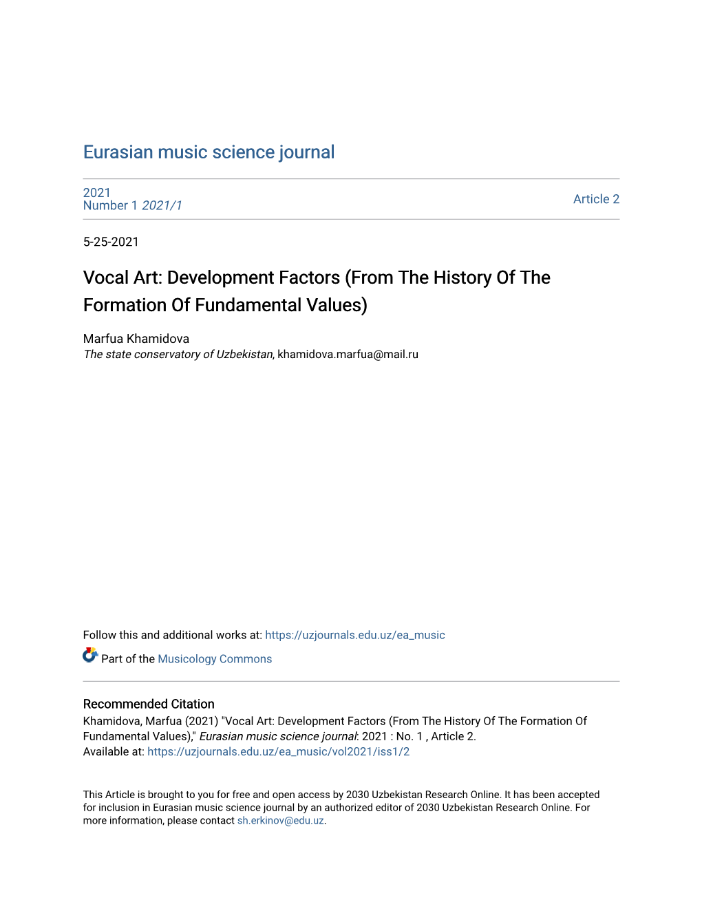 Vocal Art: Development Factors (From the History of the Formation of Fundamental Values)