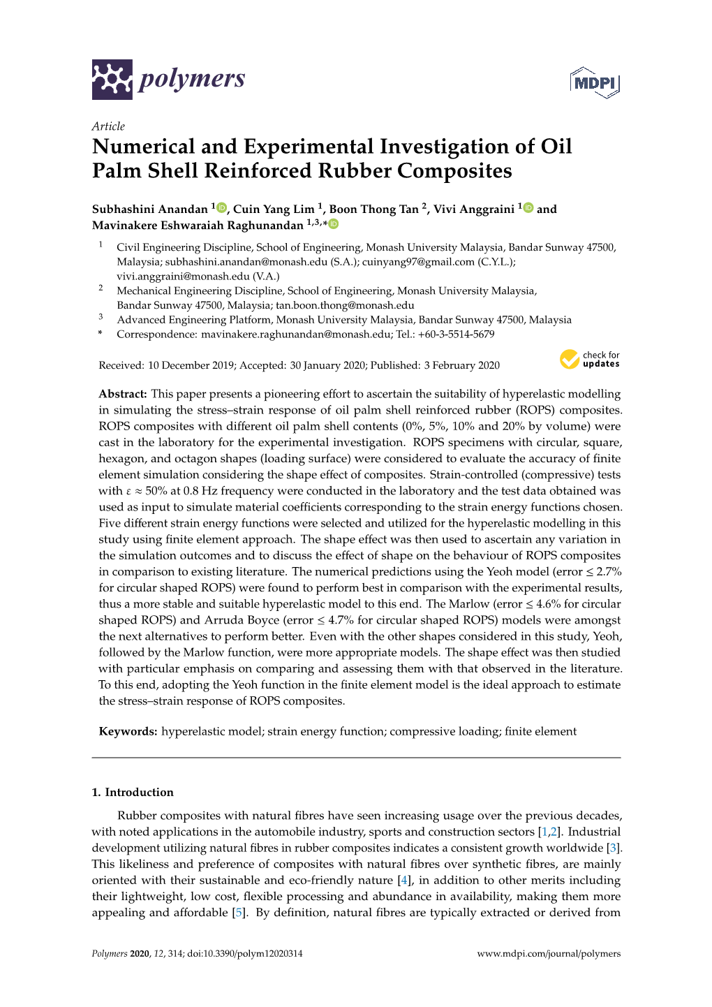 Numerical and Experimental Investigation of Oil Palm Shell Reinforced Rubber Composites