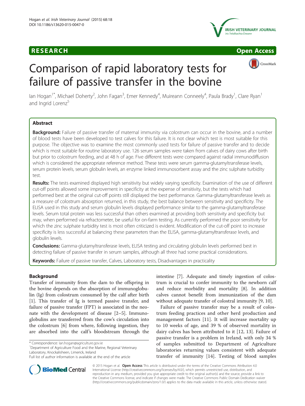 Comparison of Rapid Laboratory Tests for Failure of Passive Transfer in The