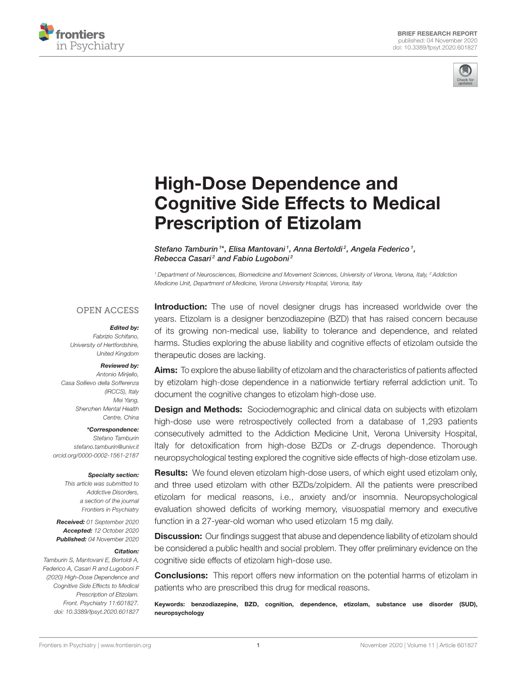 High-Dose Dependence and Cognitive Side Effects to Medical Prescription of Etizolam