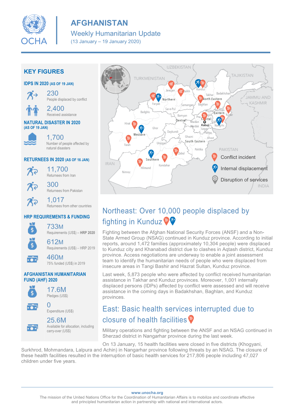 AFGHANISTAN Weekly Humanitarian Update (13 January – 19 January 2020)