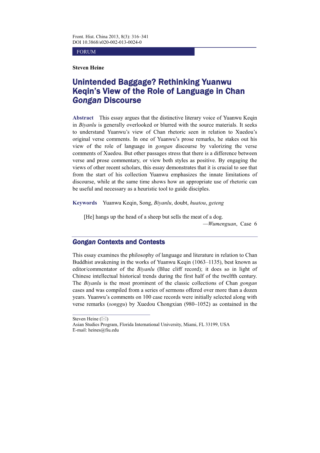 Unintended Baggage? Rethinking Yuanwu Keqin’S View of the Role of Language in Chan Gongan Discourse