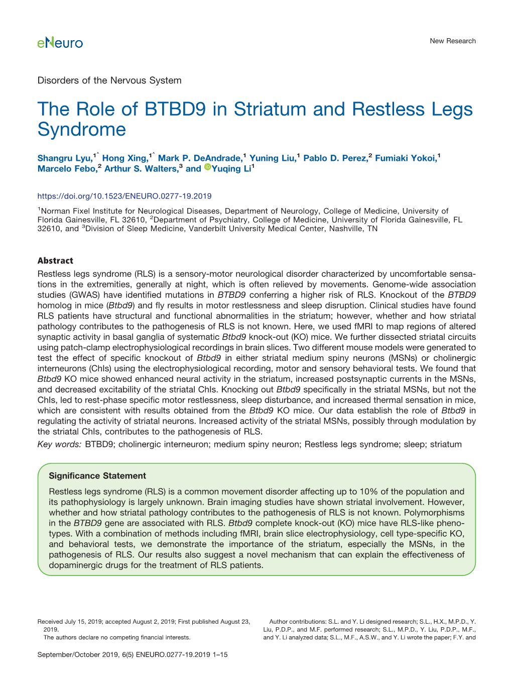 The Role of BTBD9 in Striatum and Restless Legs Syndrome