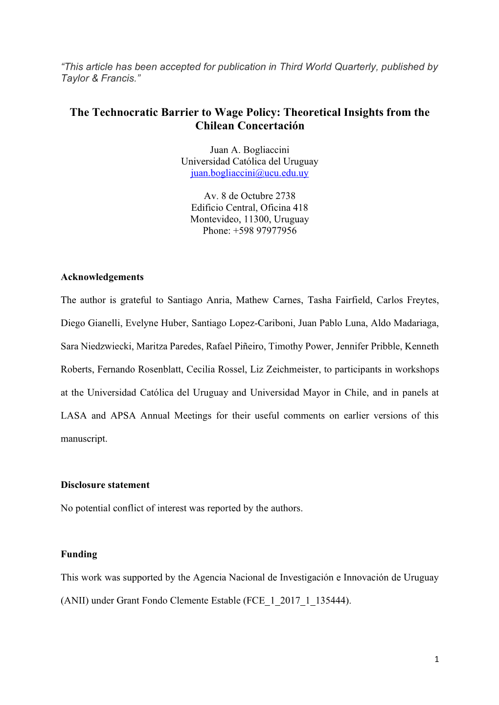 The Technocratic Barrier to Wage Policy: Theoretical Insights from the Chilean Concertación