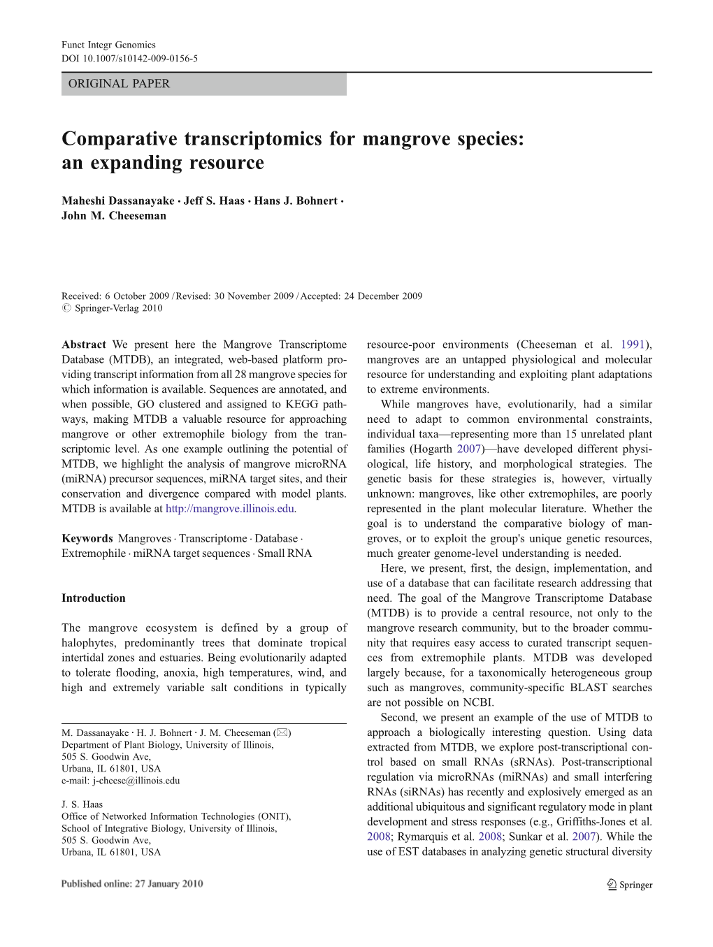 Comparative Transcriptomics for Mangrove Species: an Expanding Resource