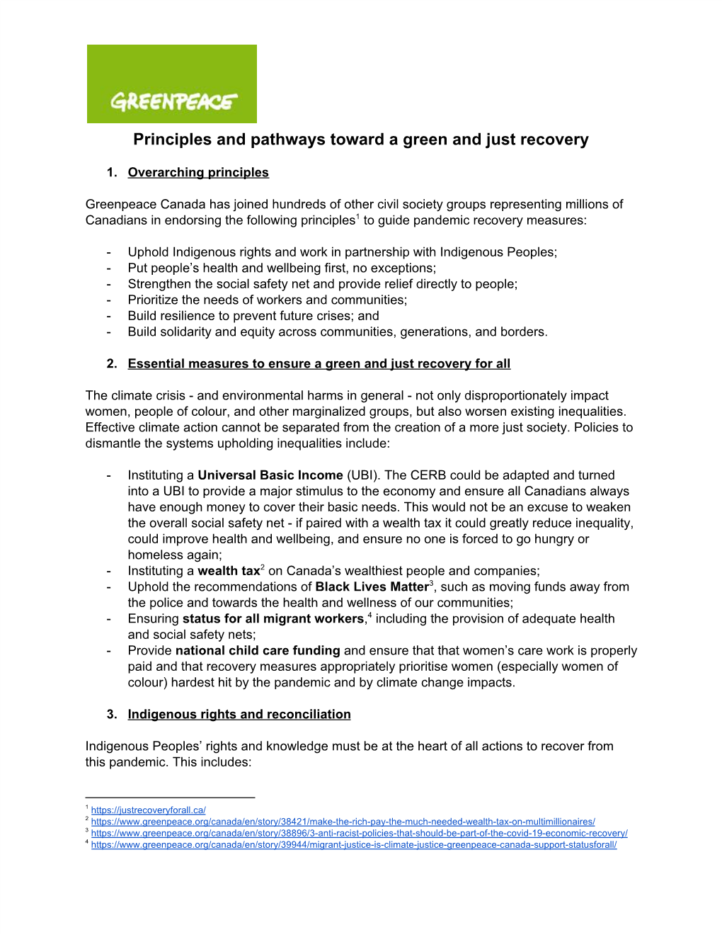 Principles and Pathways Toward a Green and Just Recovery