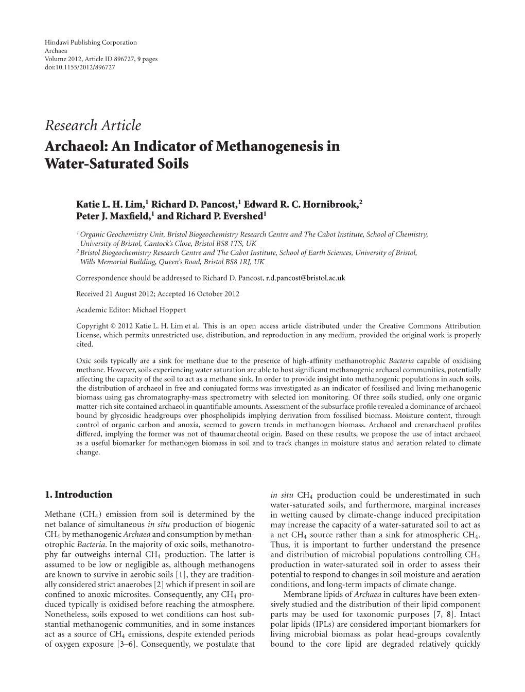 Archaeol: an Indicator of Methanogenesis in Water-Saturated Soils