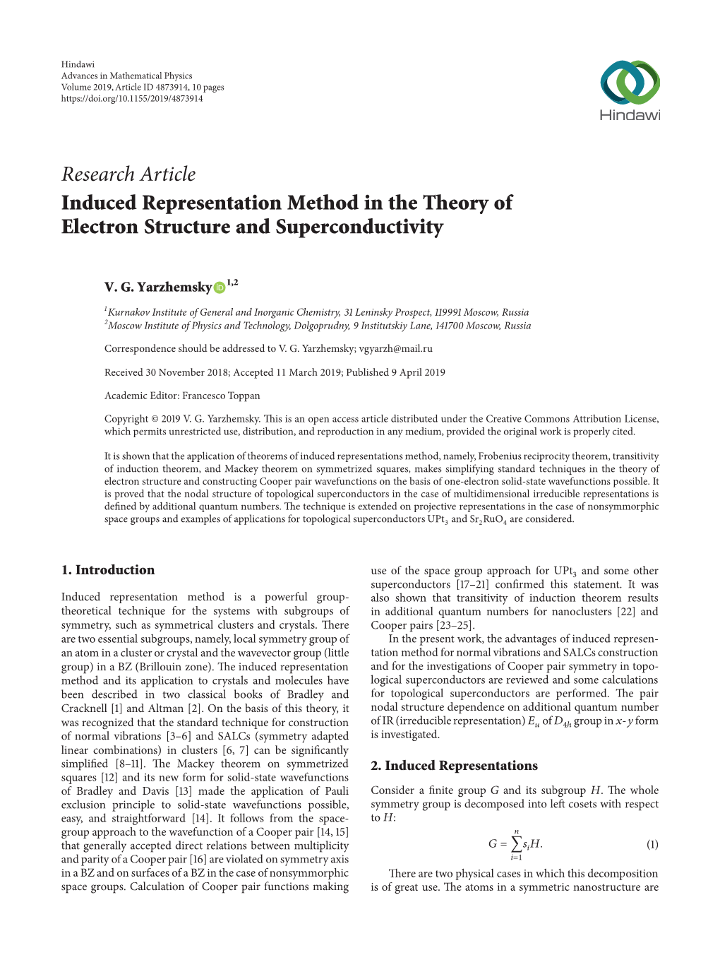 Research Article Induced Representation Method in the Theory of Electron Structure and Superconductivity