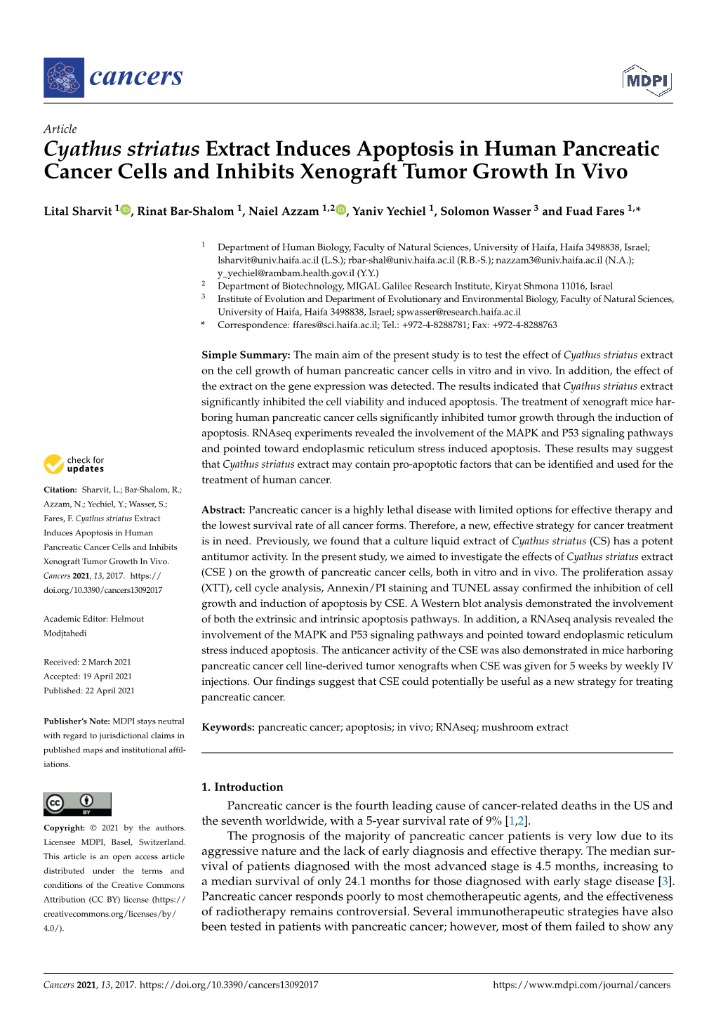 Cyathus Striatus Extract Induces Apoptosis in Human Pancreatic Cancer Cells and Inhibits Xenograft Tumor Growth in Vivo