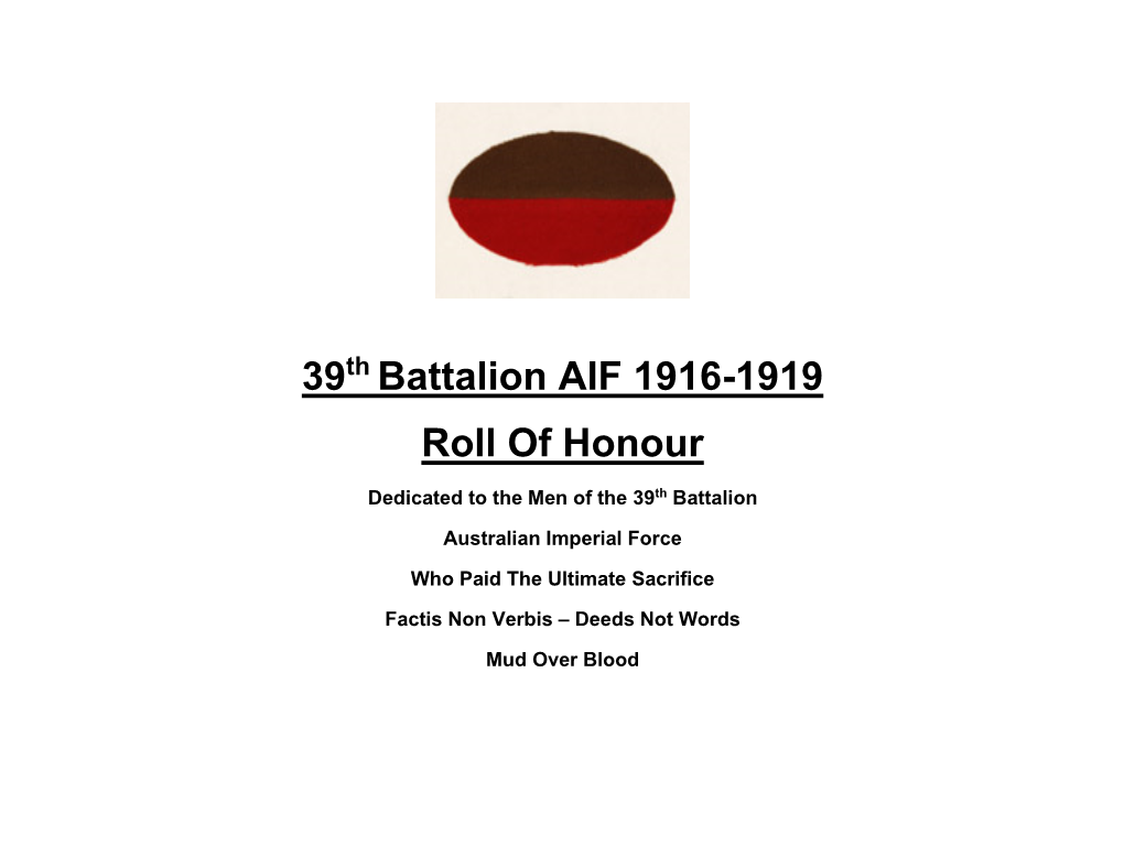 39 Battalion AIF 1916-1919 Roll of Honour