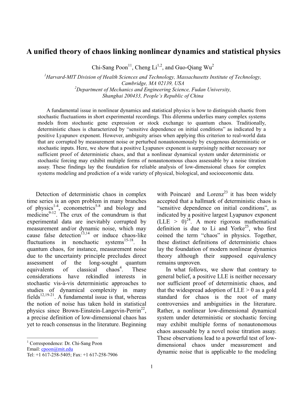 A Unified Theory of Chaos Linking Nonlinear Dynamics and Statistical Physics
