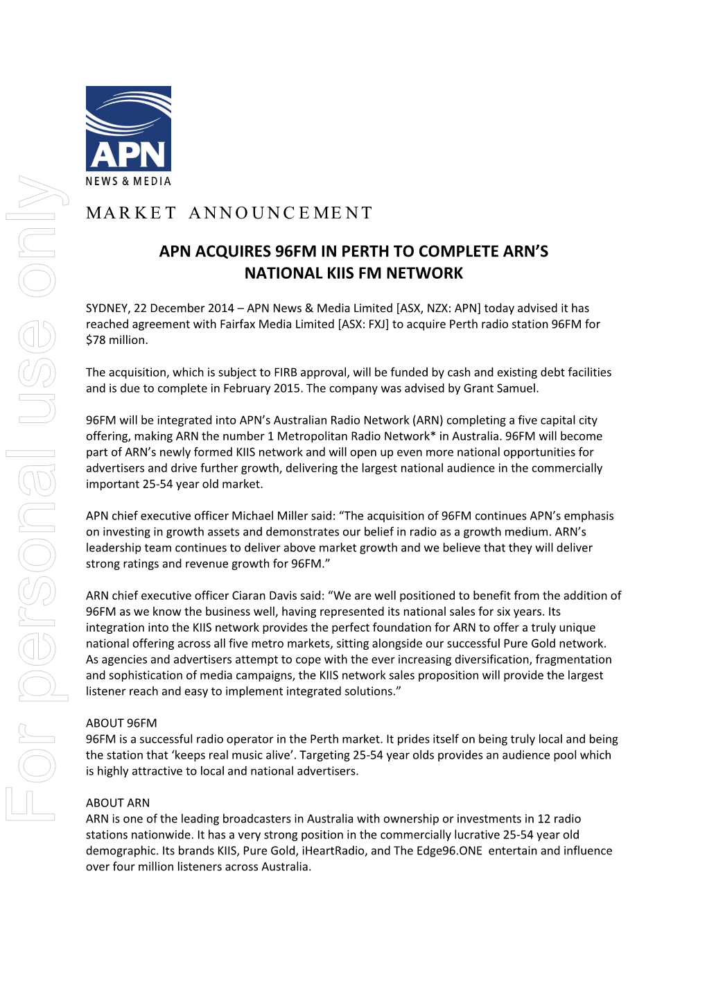 Market Announcement Apn Acquires 96Fm In