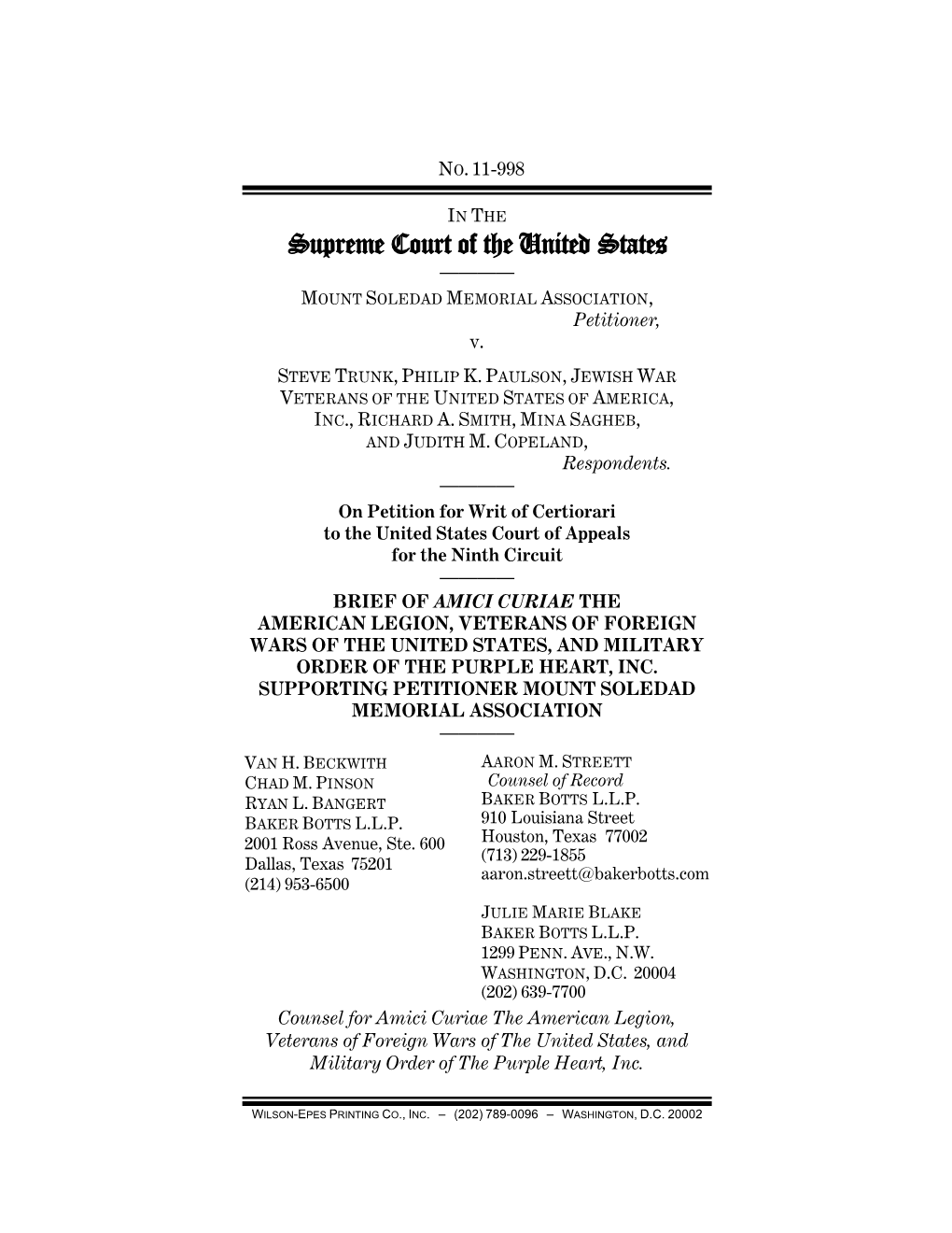 Supreme Court of the United States ———— MOUNT SOLEDAD MEMORIAL ASSOCIATION, Petitioner, V