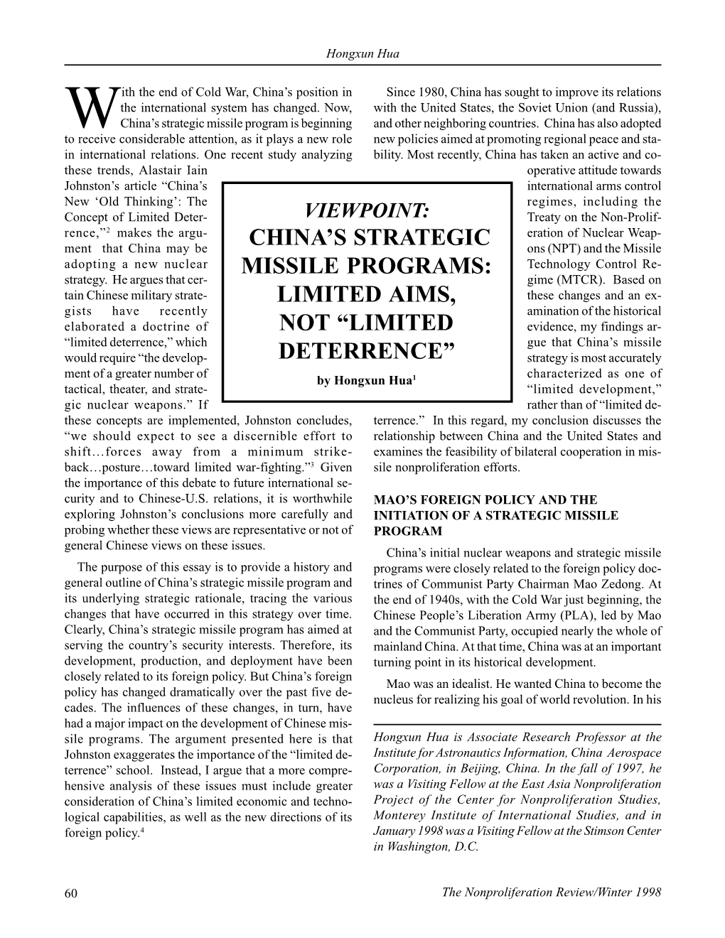 Npr 5.2: China's Strategic Missile Programs: Limited