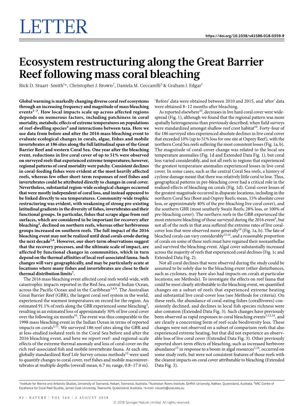 Ecosystem Restructuring Along the Great Barrier Reef Following Mass Coral Bleaching Rick D