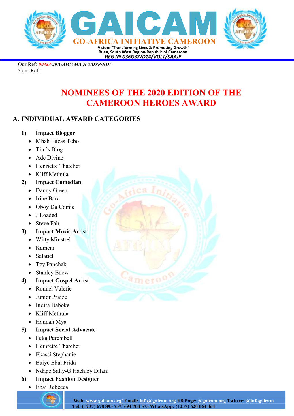 Nominees of the 2020 Edition of the Cameroon Heroes Award