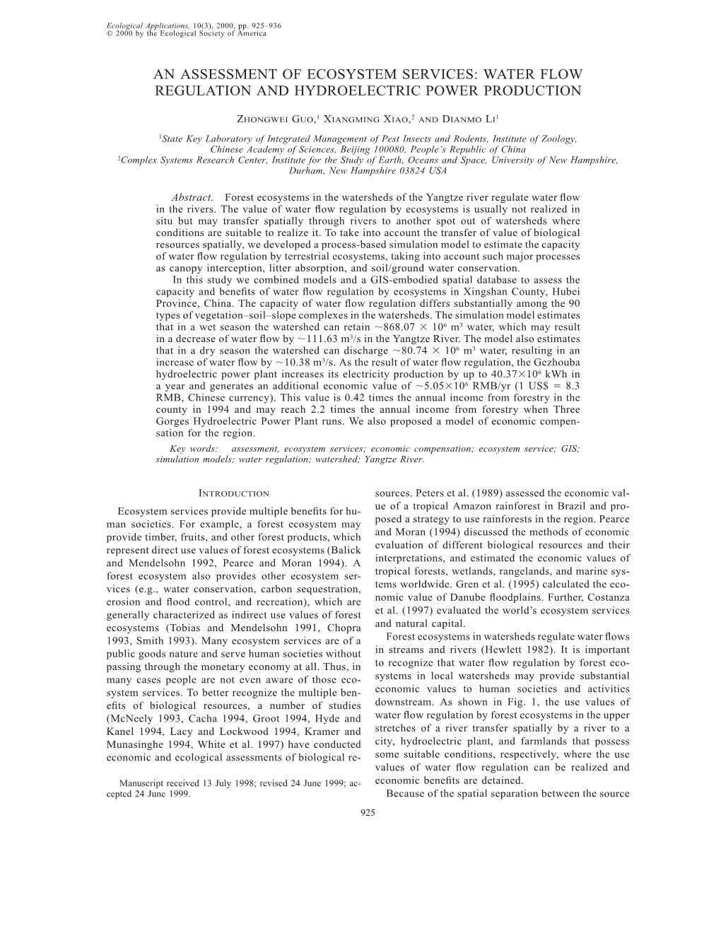 An Assessment of Ecosystem Services: Water Flow Regulation and Hydroelectric Power Production