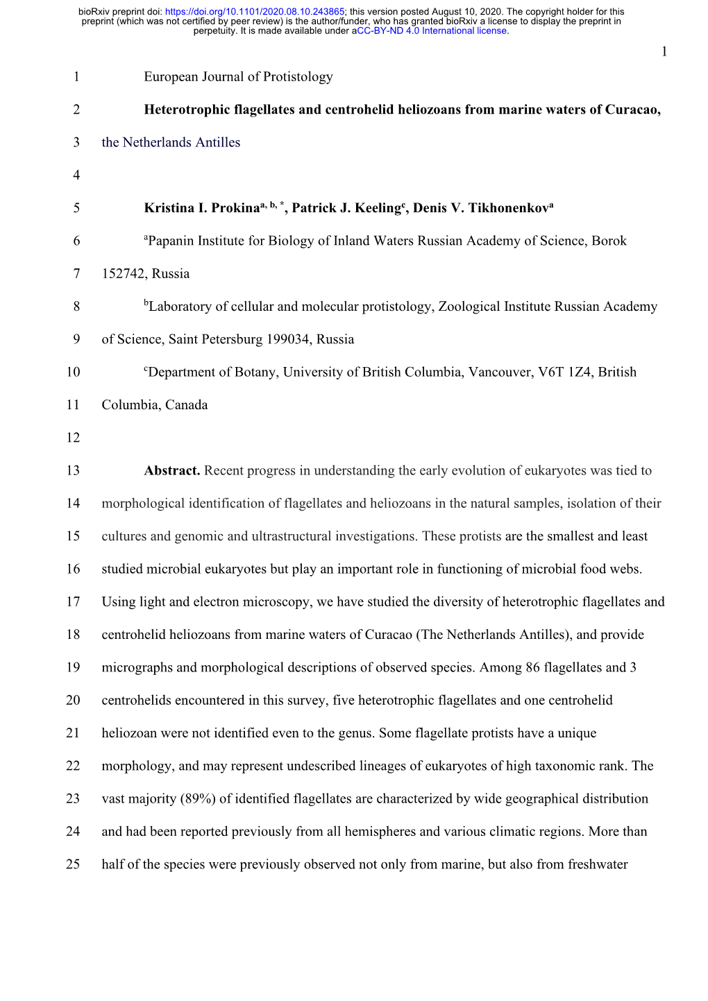 Heterotrophic Flagellates and Centrohelid Heliozoans from Marine Waters of Curacao