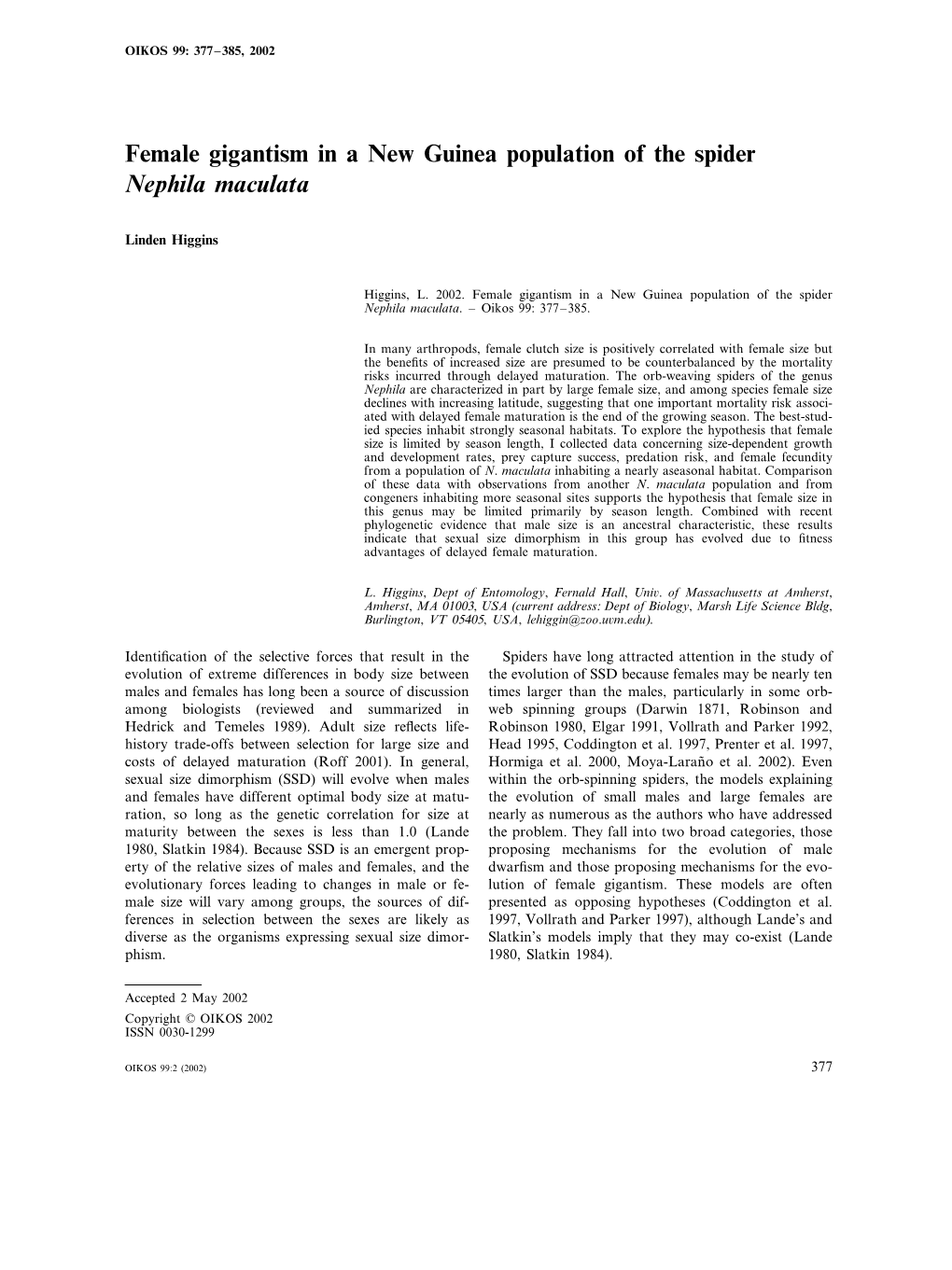 Female Gigantism in a New Guinea Population of the Spider Nephila Maculata