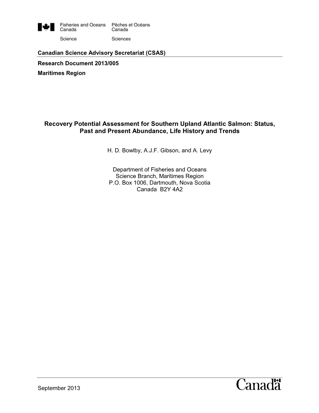 Recovery Potential Assessment for Southern Upland Atlantic Salmon: Status, Past and Present Abundance, Life History and Trends