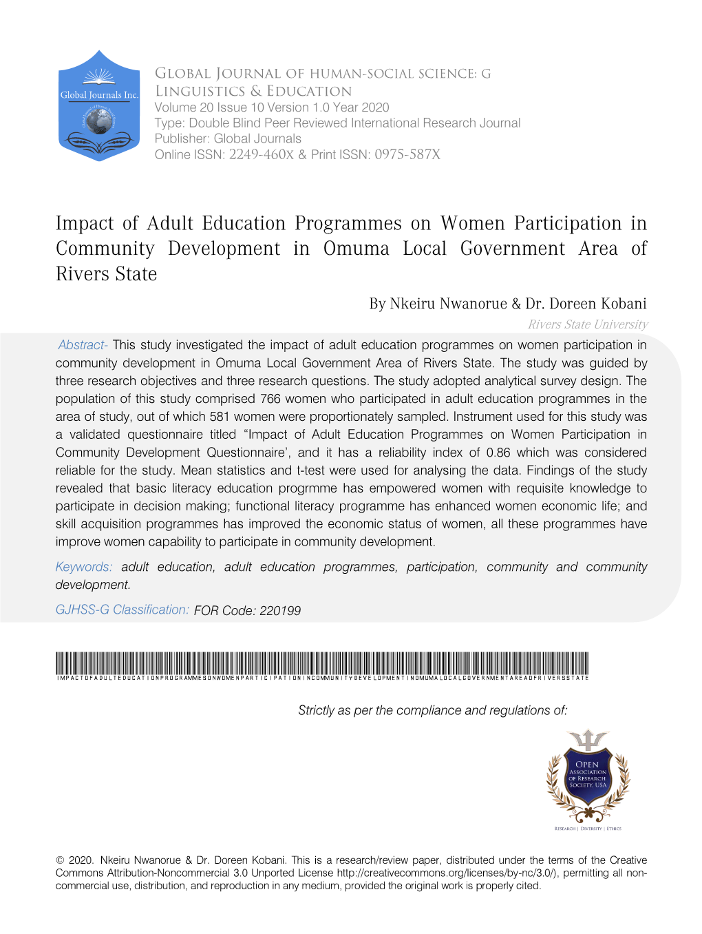 Impact of Adult Education Programmes on Women Participation in Community Development in Omuma Local Government Area of Rivers State by Nkeiru Nwanorue & Dr
