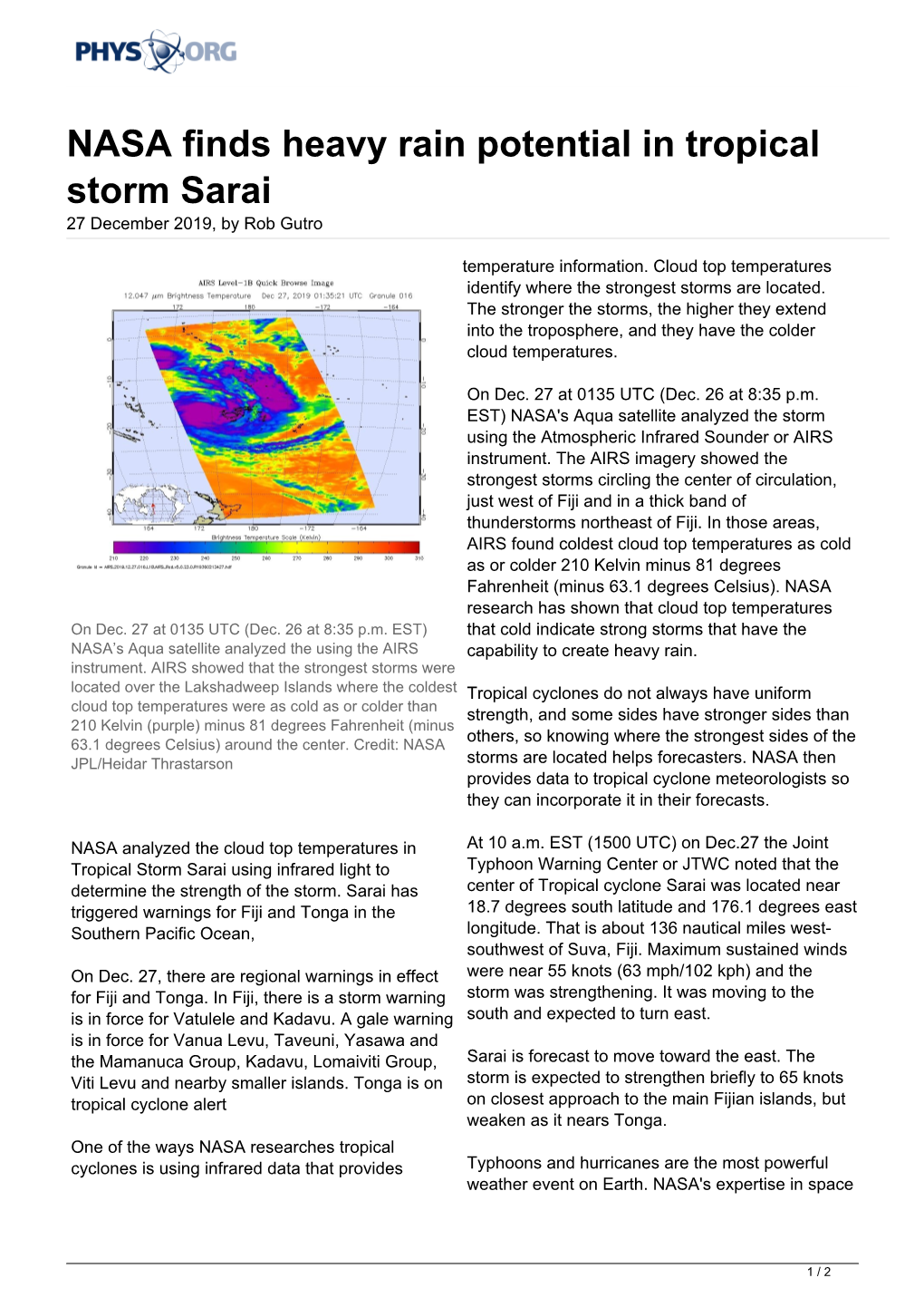 NASA Finds Heavy Rain Potential in Tropical Storm Sarai 27 December 2019, by Rob Gutro