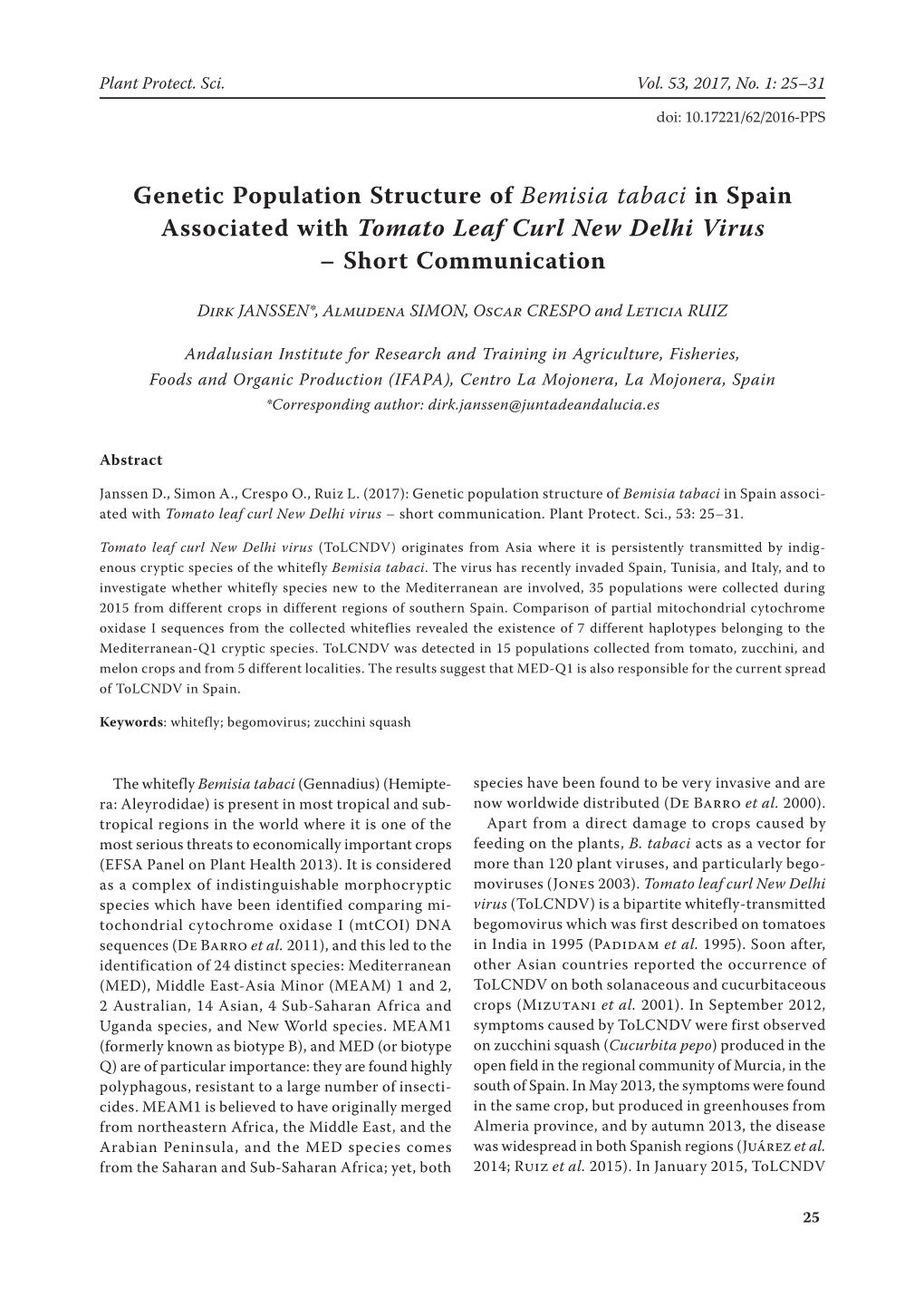 Genetic Population Structure of Bemisia Tabaci in Spain Associated with Tomato Leaf Curl New Delhi Virus – Short Communication