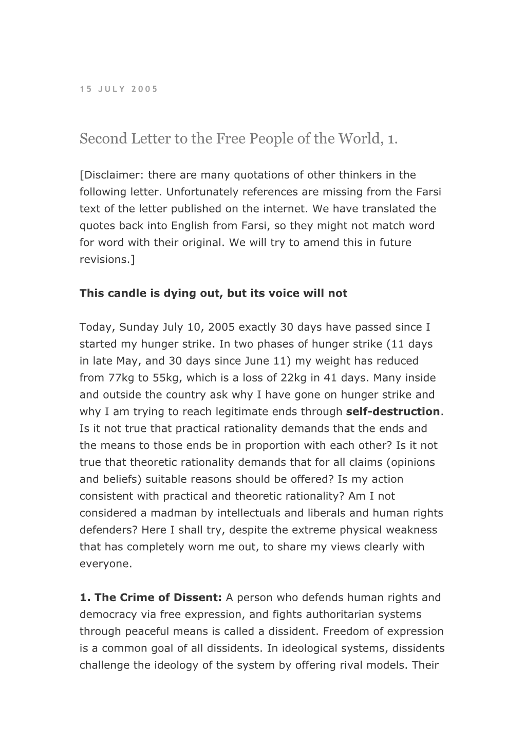 Second Letter to the Free People of the World, 1