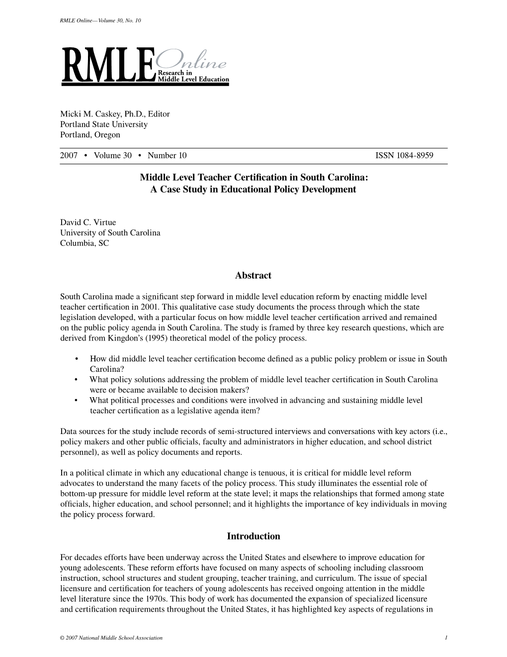 Middle Level Teacher Certification in South Carolina: a Case Study in Educational Policy Development