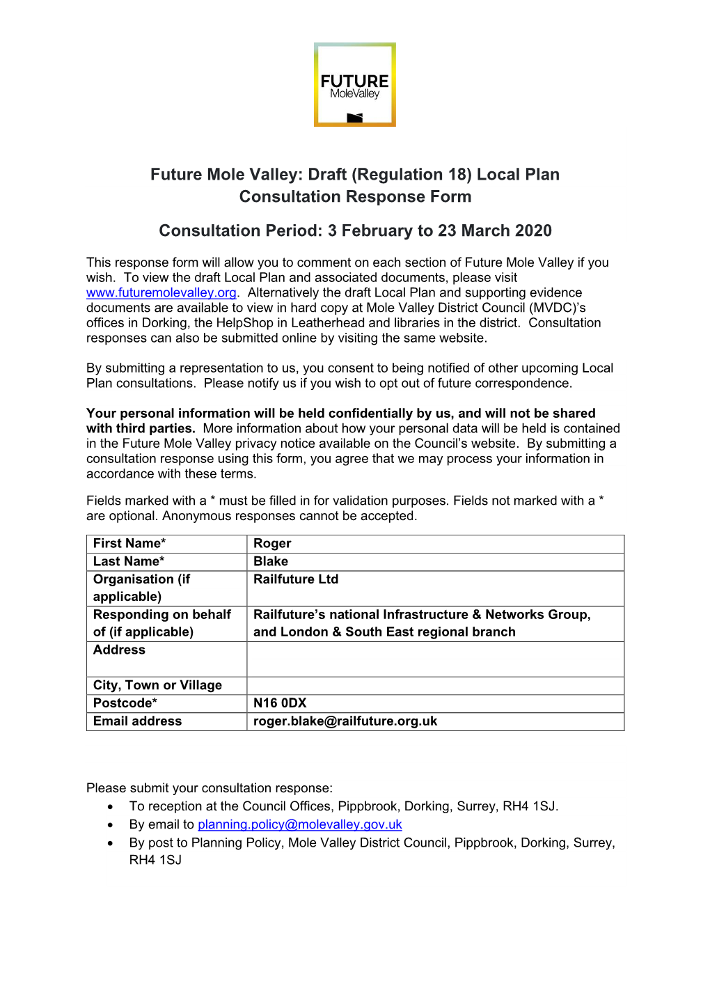 Future Mole Valley: Draft (Regulation 18) Local Plan Consultation Response Form