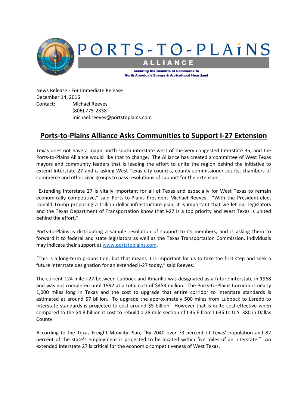 Ports-To-Plains Alliance Asks Communities to Support I-27