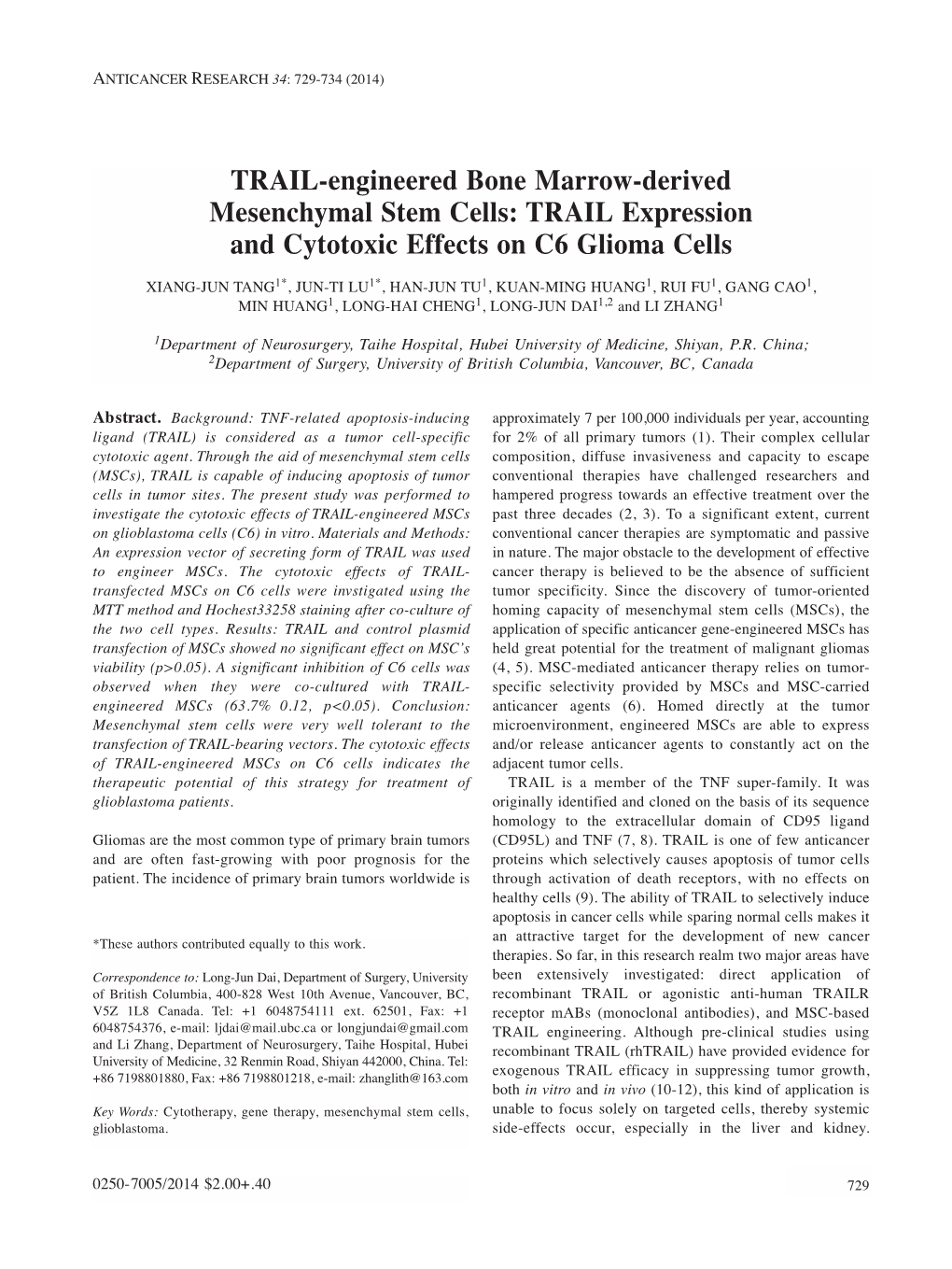 TRAIL Expression and Cytotoxic Effects on C6 Glioma Cells