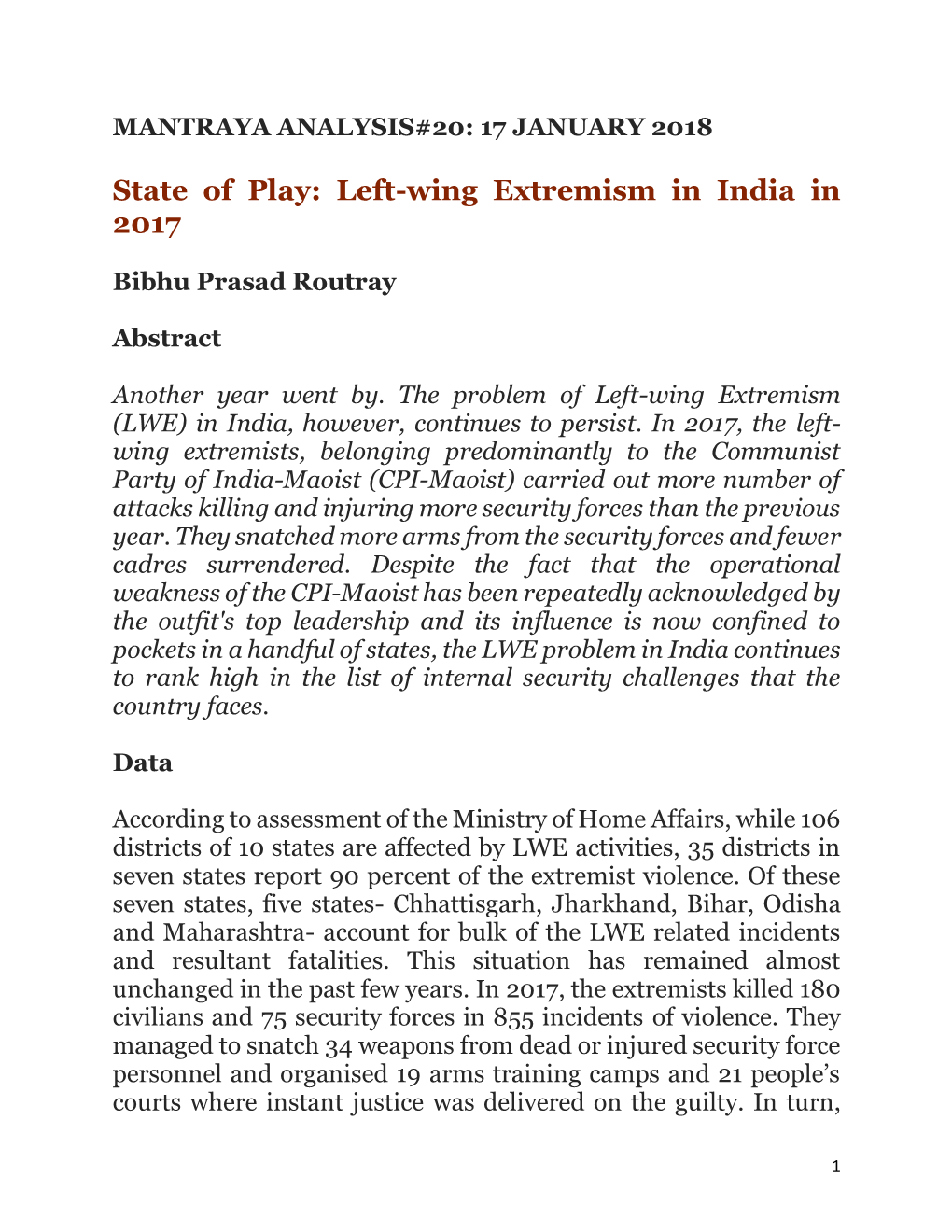 Left-Wing Extremism in Indian in 2017