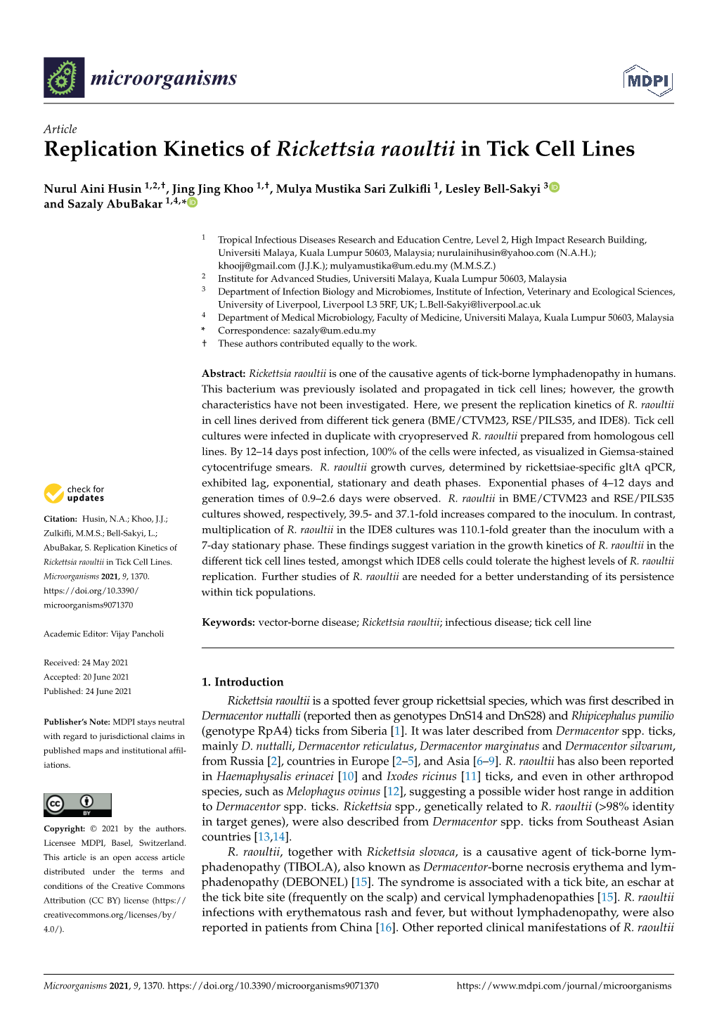 Replication Kinetics of Rickettsia Raoultii in Tick Cell Lines