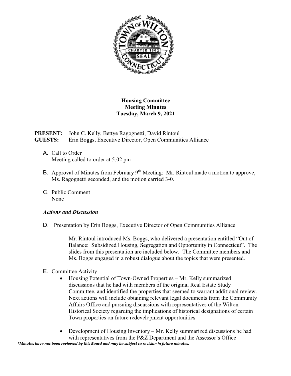 Housing Committee Meeting Minutes Tuesday, March 9, 2021