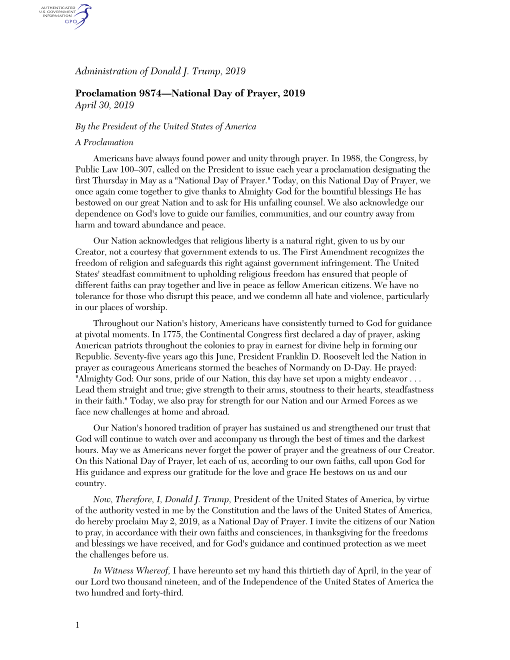 Administration of Donald J. Trump, 2019 Proclamation 9874—National