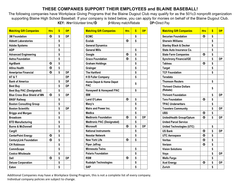 Workplace Giving Programs That the Blaine Dugout Club May Qualify for As the 501C3 Nonprofit Organization Supporting Blaine High School Baseball