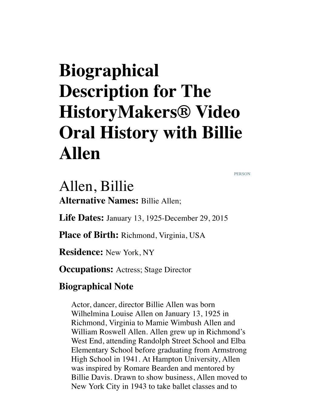 Biographical Description for the Historymakers® Video Oral History with Billie Allen