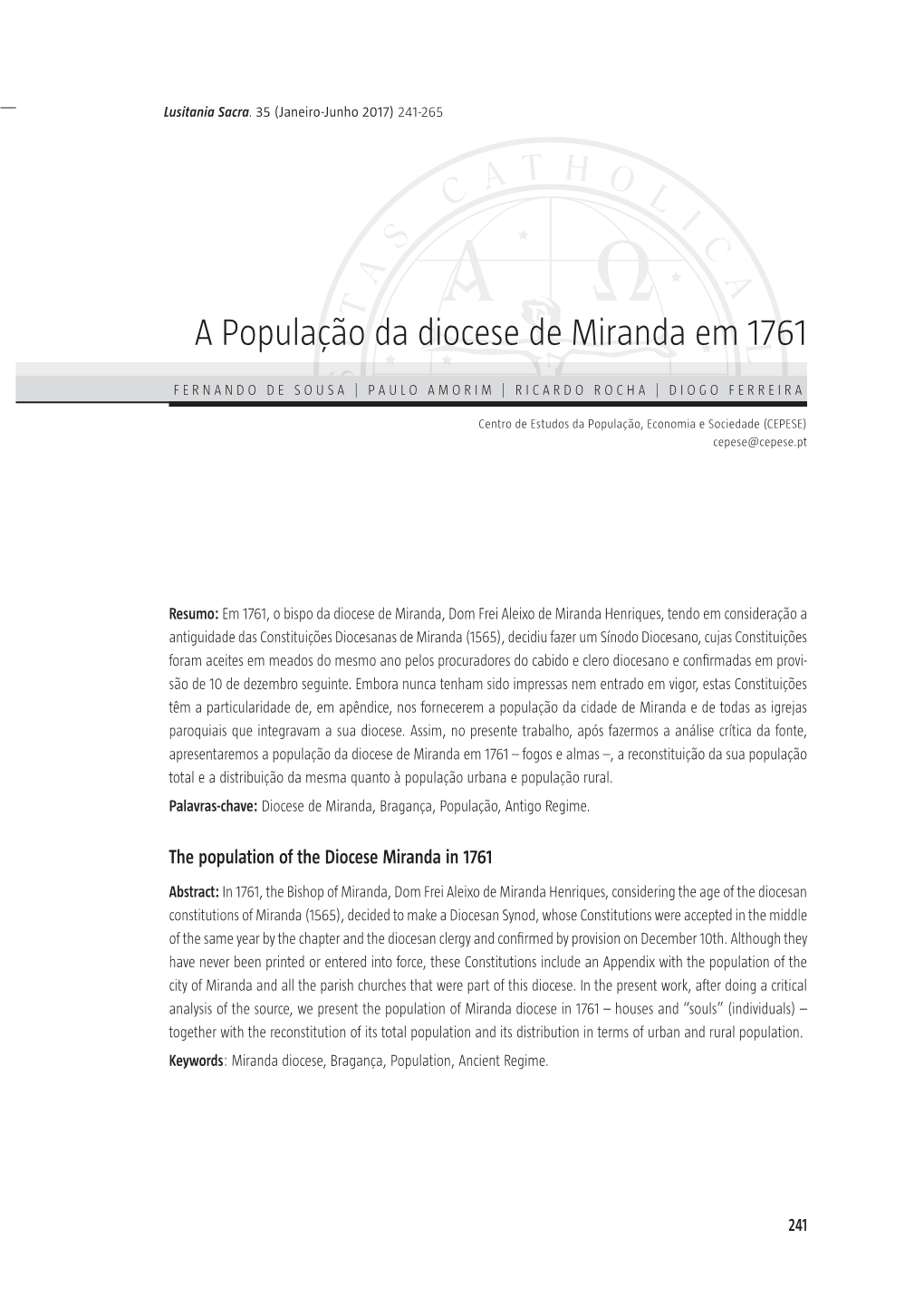 A População Da Diocese De Miranda Em 1761