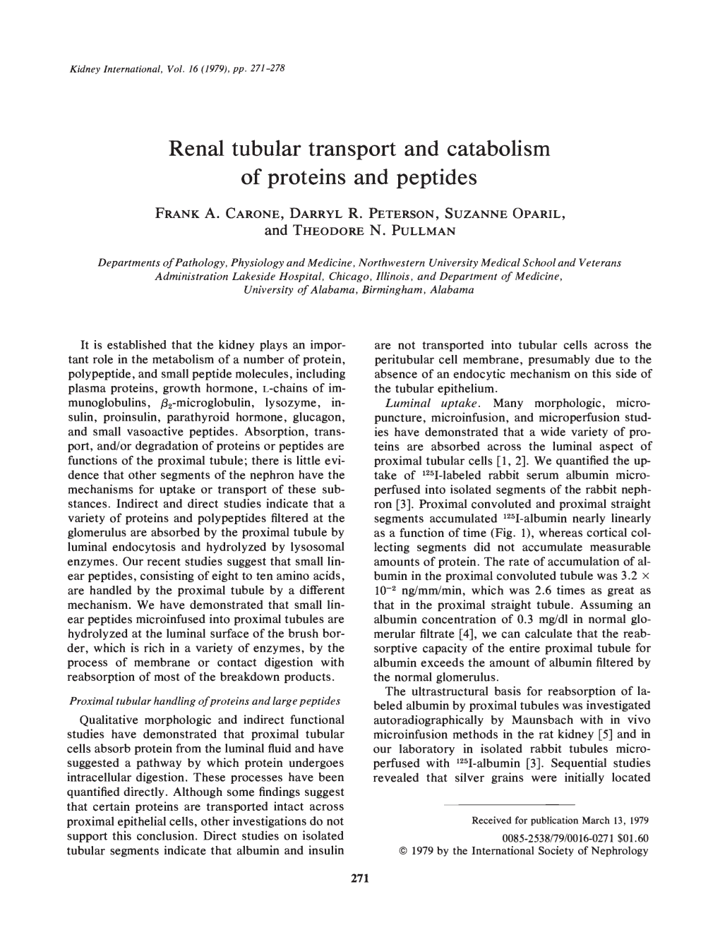 Renal Tubular Transport and Catabolism of Proteins and Peptides