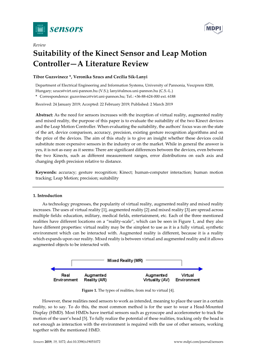 Suitability of the Kinect Sensor and Leap Motion Controller—A Literature Review