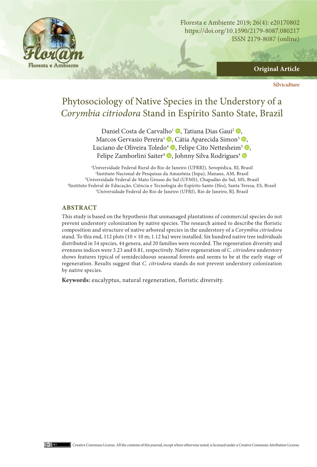 Phytosociology of Native Species in the Understory of a Corymbia Citriodora Stand in Espírito Santo State, Brazil