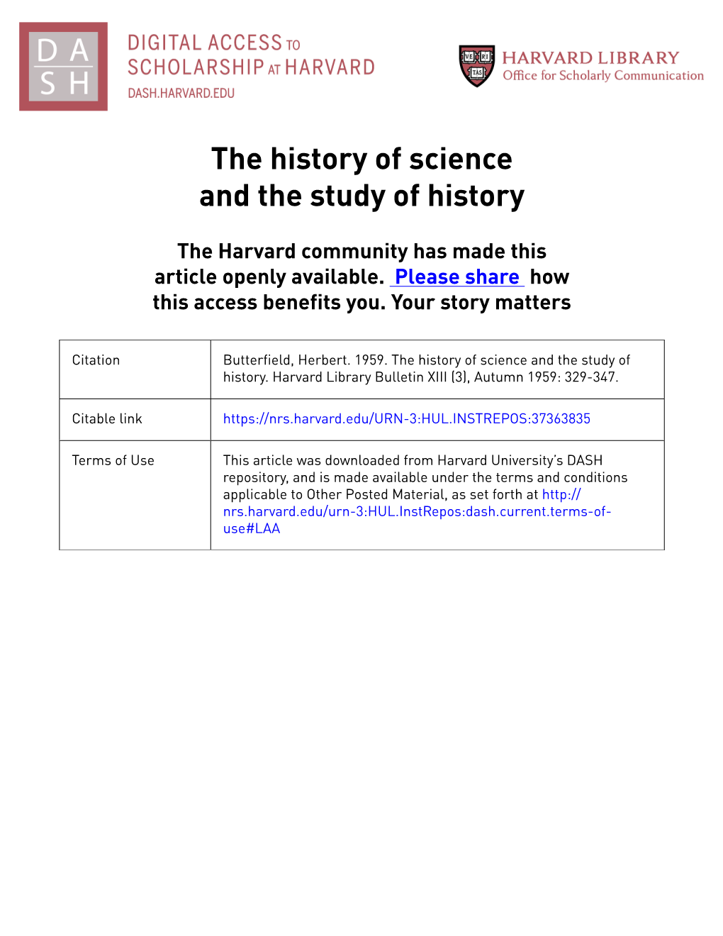 The History of Science and the Study of History